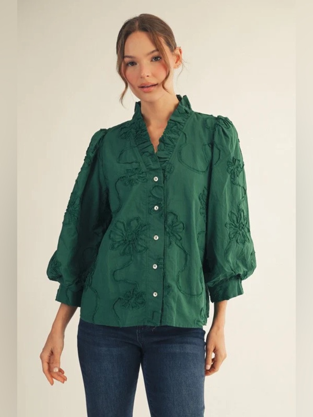 Cherry Betty Texture Floral Button Down 3d Ruffle Neck Top- Hunter Green Size XL